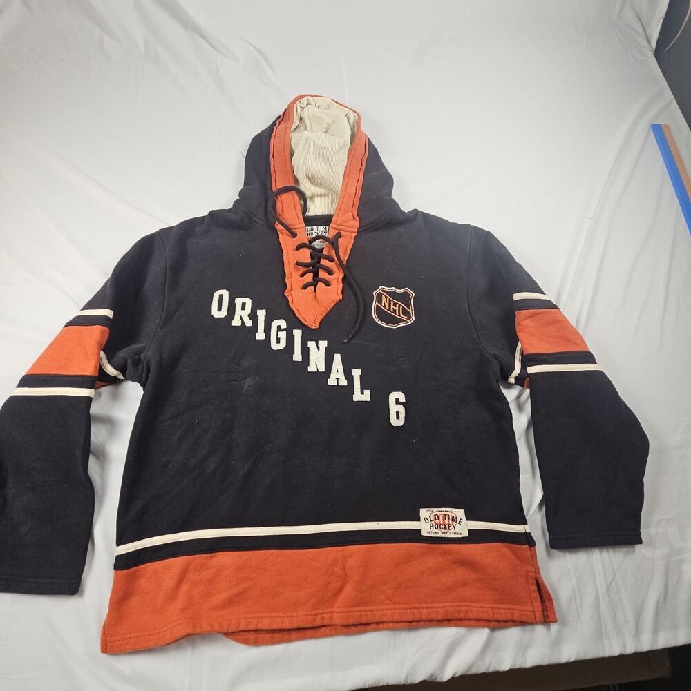 Mens Original 6 NHL Hockey Lace Up Hoodie Black Orange Retro by Old Time Hockey